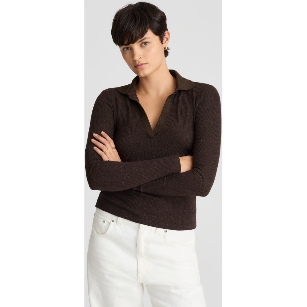 Madewell Metallic Ribbed Polo Top Brown Bronze Long Sleeve V-Neck NY301 XL NEW